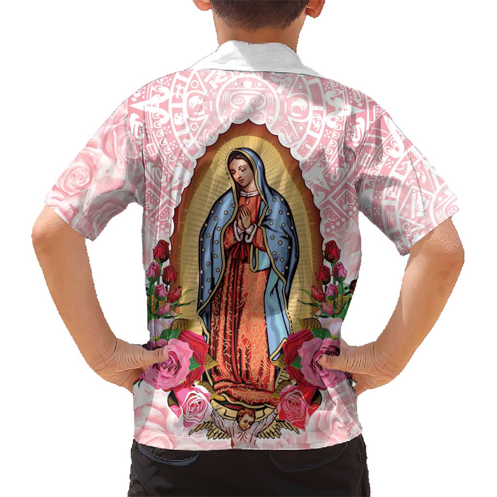 Virgen de Guadalupe Family Matching Short Sleeve Bodycon Dress and Hawaiian Shirt Rose Flower Mexican Aztec Pattern - Wonder Print Shop