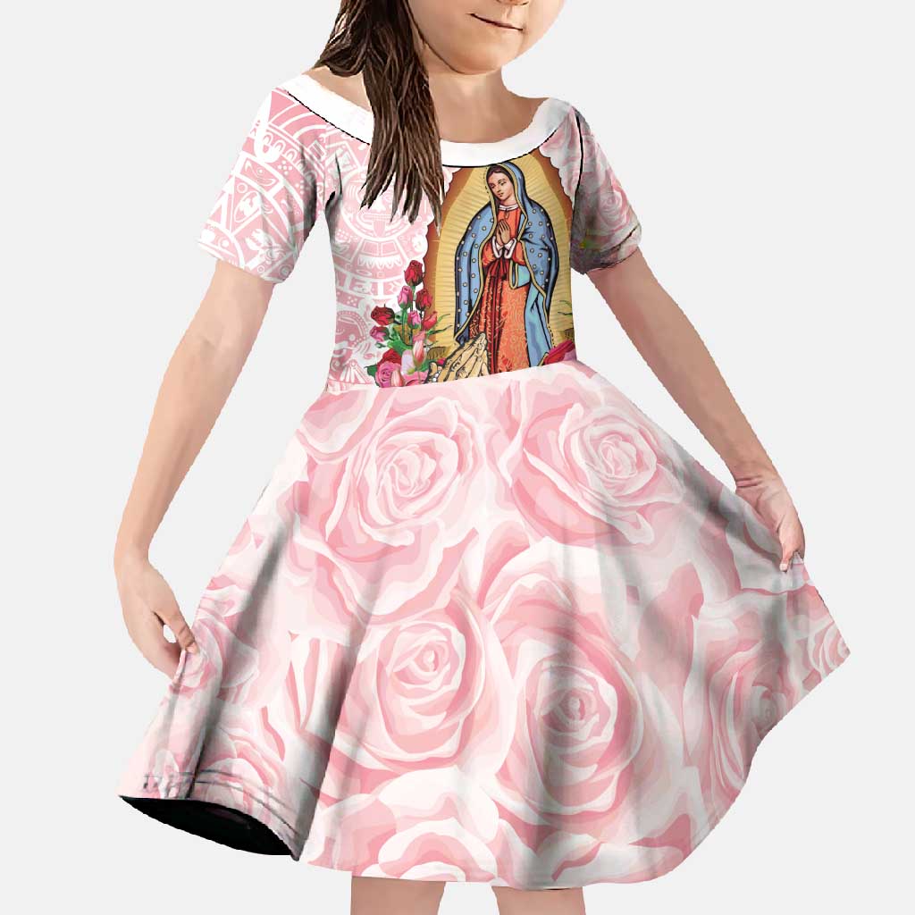 Virgen de Guadalupe Family Matching Short Sleeve Bodycon Dress and Hawaiian Shirt Rose Flower Mexican Aztec Pattern - Wonder Print Shop