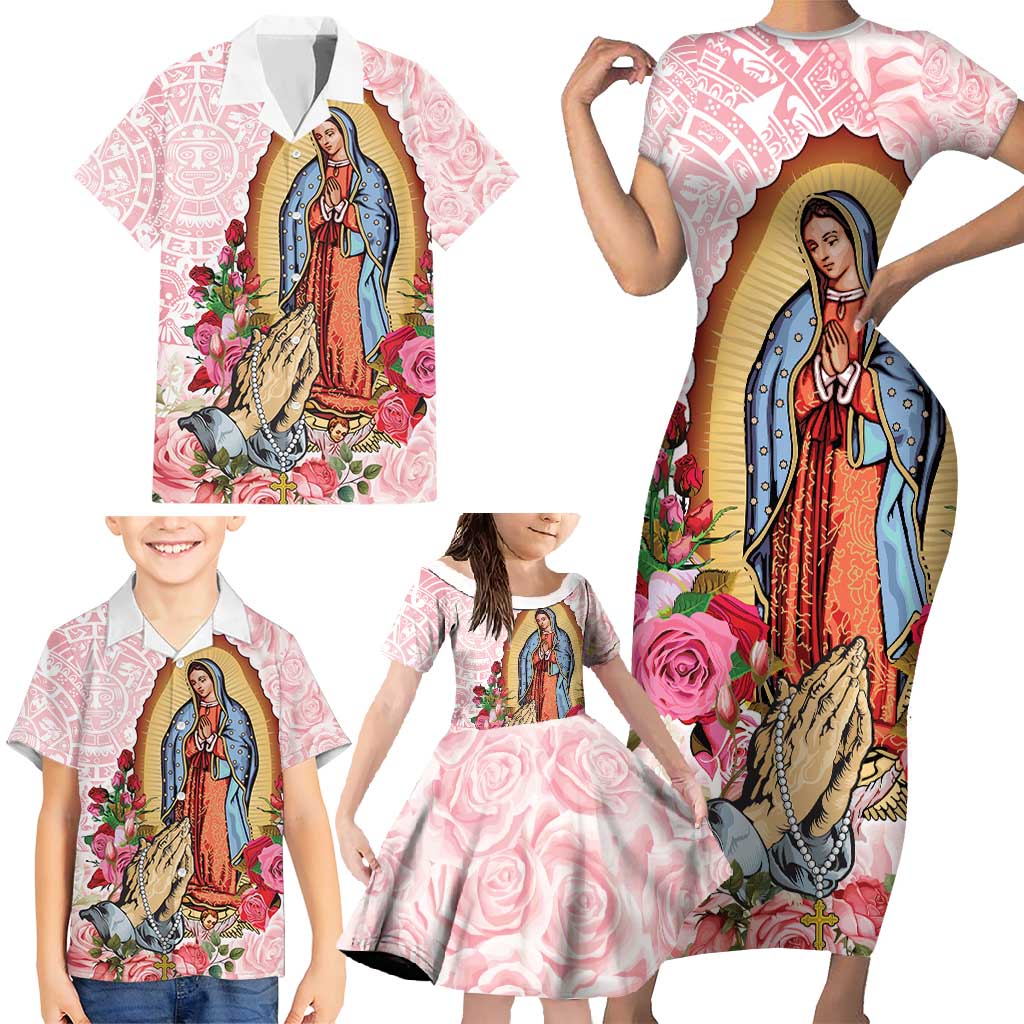 Virgen de Guadalupe Family Matching Short Sleeve Bodycon Dress and Hawaiian Shirt Rose Flower Mexican Aztec Pattern - Wonder Print Shop