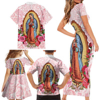 Virgen de Guadalupe Family Matching Short Sleeve Bodycon Dress and Hawaiian Shirt Rose Flower Mexican Aztec Pattern - Wonder Print Shop