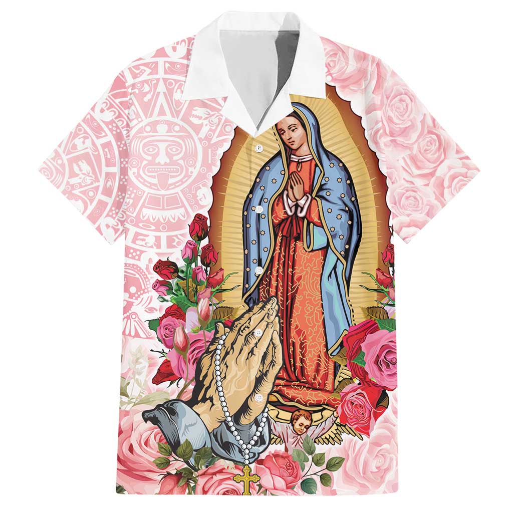 Virgen de Guadalupe Family Matching Short Sleeve Bodycon Dress and Hawaiian Shirt Rose Flower Mexican Aztec Pattern - Wonder Print Shop