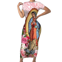 Virgen de Guadalupe Family Matching Short Sleeve Bodycon Dress and Hawaiian Shirt Rose Flower Mexican Aztec Pattern - Wonder Print Shop
