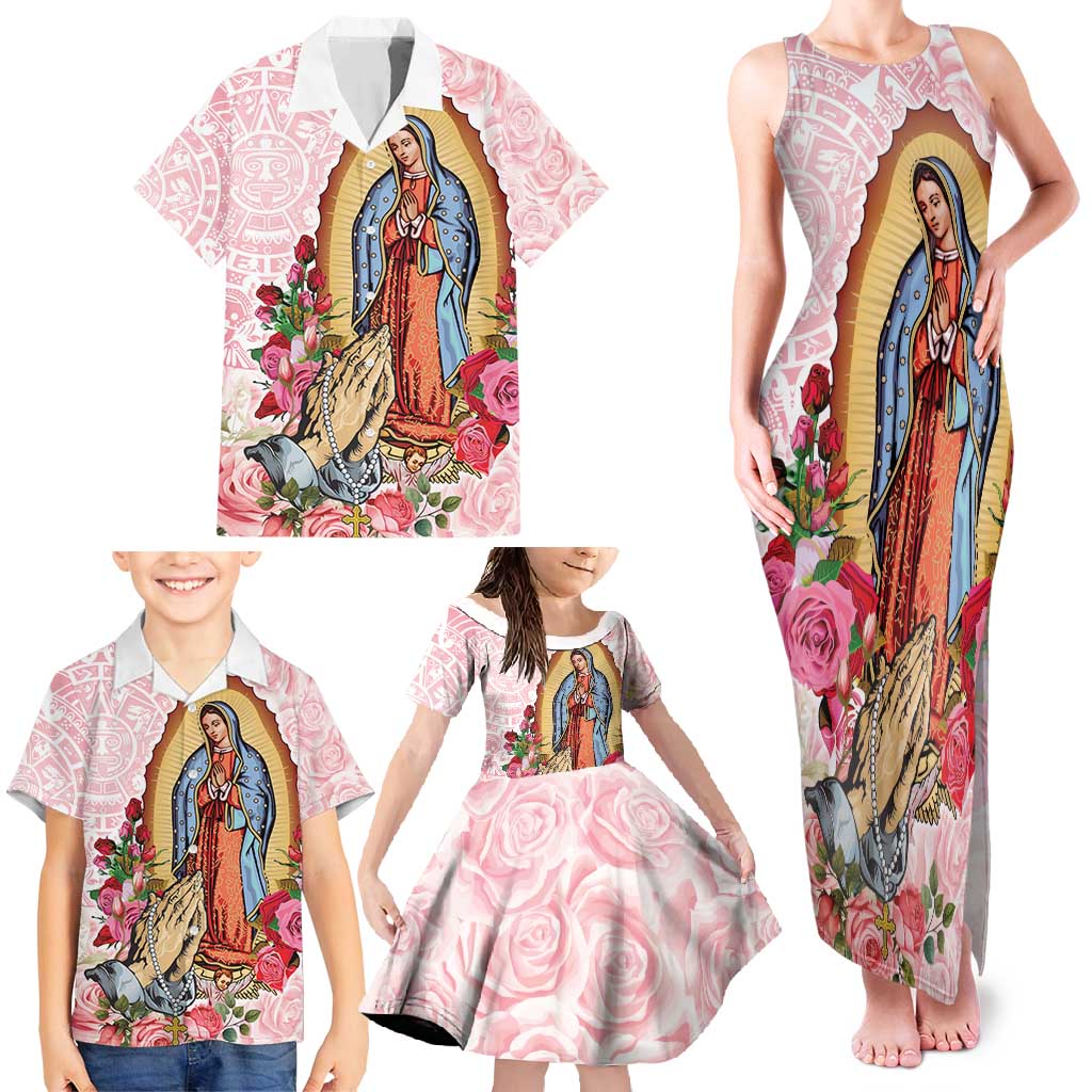 Virgen de Guadalupe Family Matching Tank Maxi Dress and Hawaiian Shirt Rose Flower Mexican Aztec Pattern - Wonder Print Shop