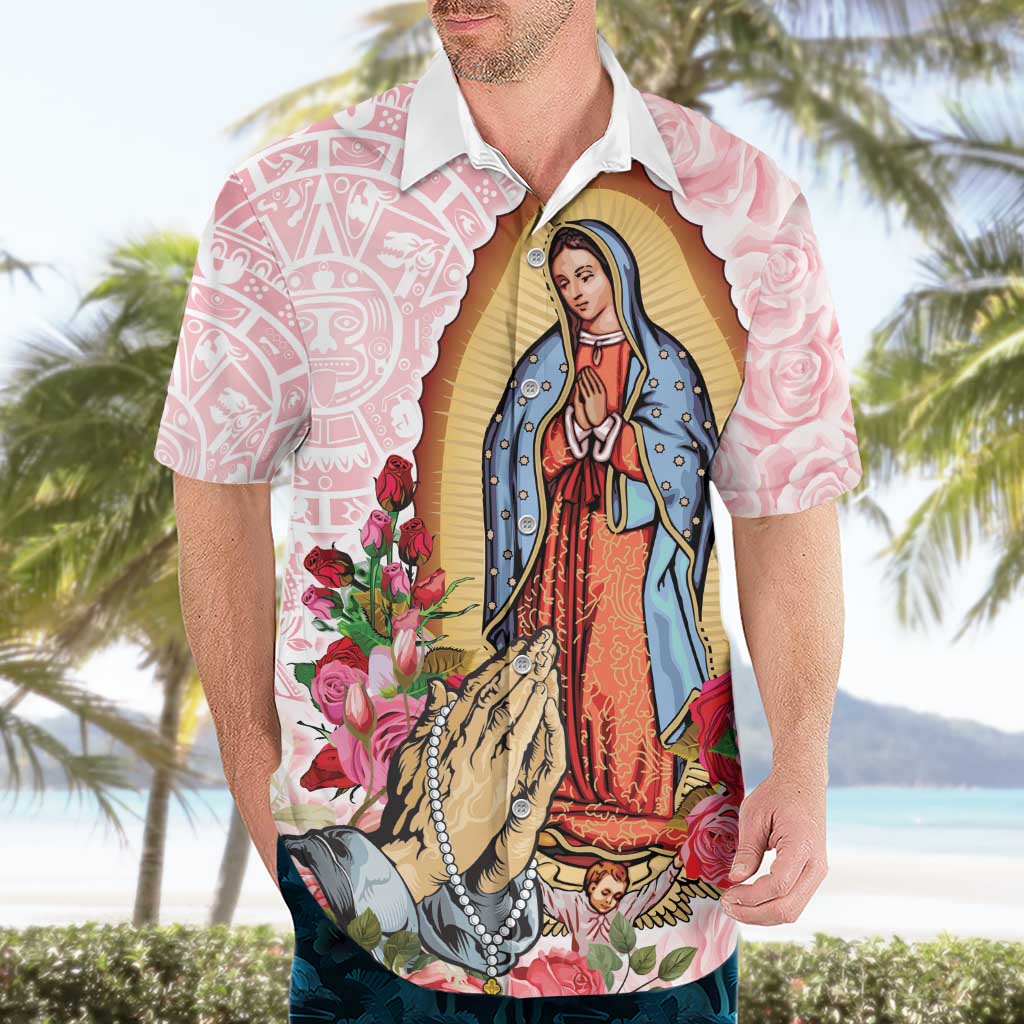 Virgen de Guadalupe Hawaiian Shirt Rose Flower Mexican Aztec Pattern - Wonder Print Shop