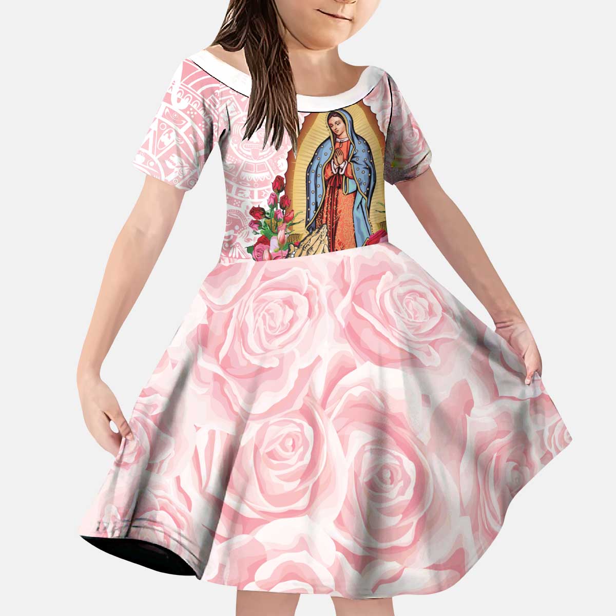 Virgen de Guadalupe Kid Short Sleeve Dress Rose Flower Mexican Aztec Pattern - Wonder Print Shop