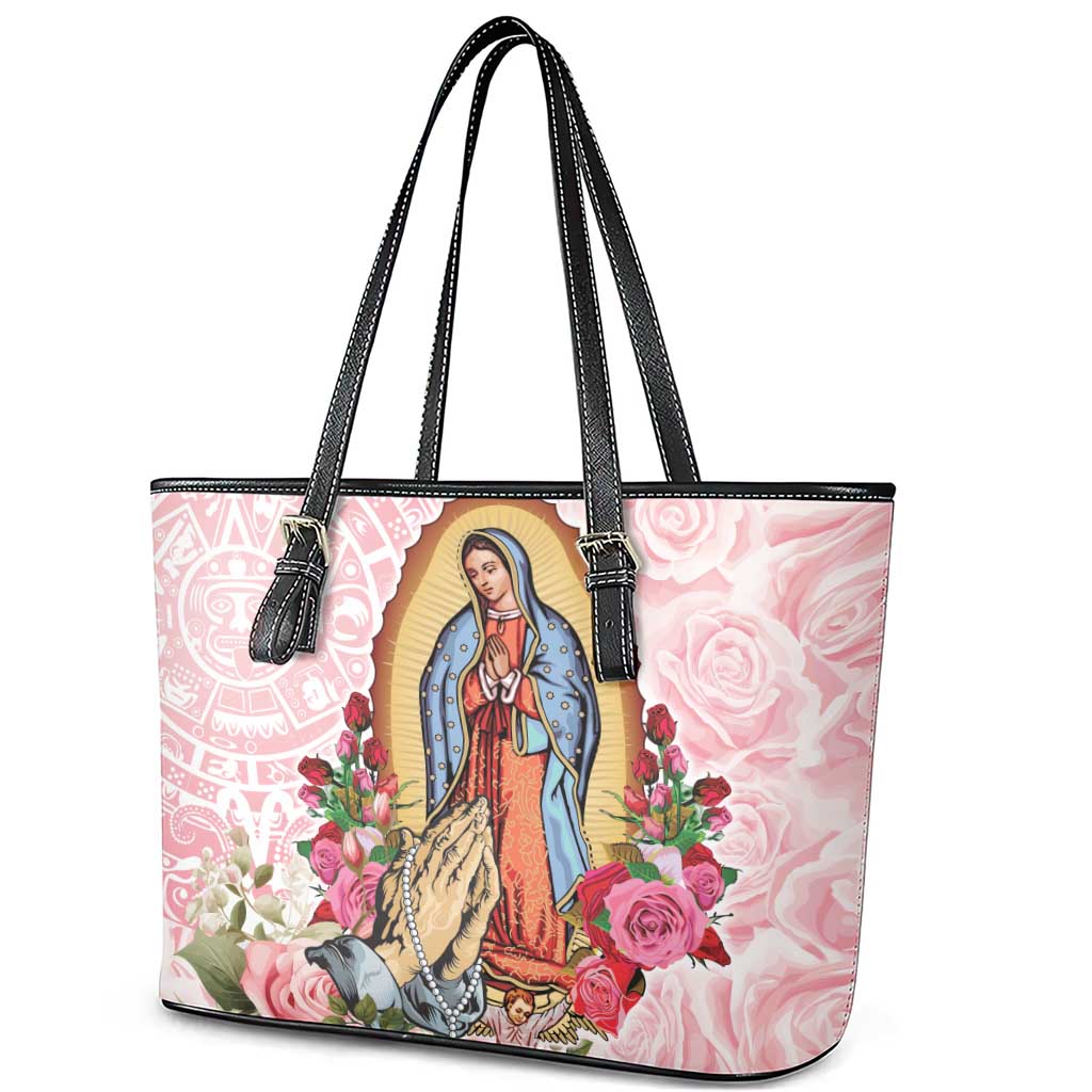 Virgen de Guadalupe Leather Tote Bag Rose Flower Mexican Aztec Pattern - Wonder Print Shop