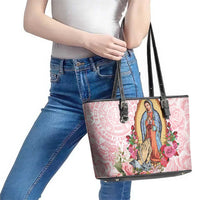 Virgen de Guadalupe Leather Tote Bag Rose Flower Mexican Aztec Pattern - Wonder Print Shop