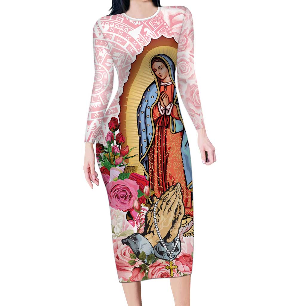 Virgen de Guadalupe Long Sleeve Bodycon Dress Rose Flower Mexican Aztec Pattern - Wonder Print Shop