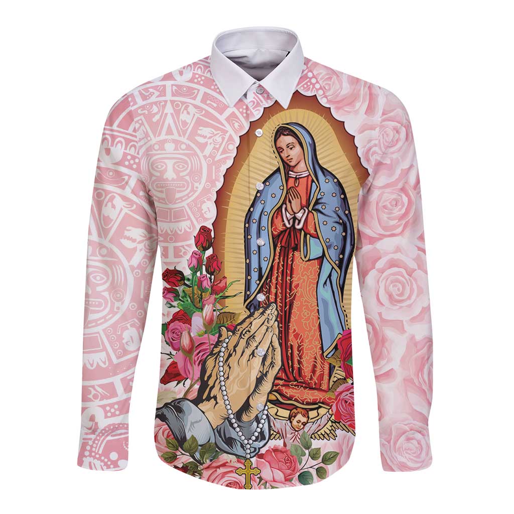 Virgen de Guadalupe Long Sleeve Button Shirt Rose Flower Mexican Aztec Pattern - Wonder Print Shop