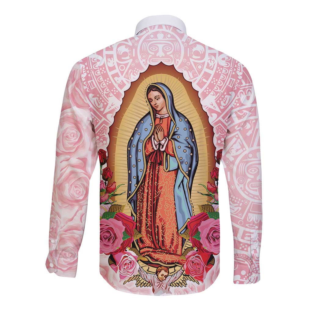 Virgen de Guadalupe Long Sleeve Button Shirt Rose Flower Mexican Aztec Pattern - Wonder Print Shop