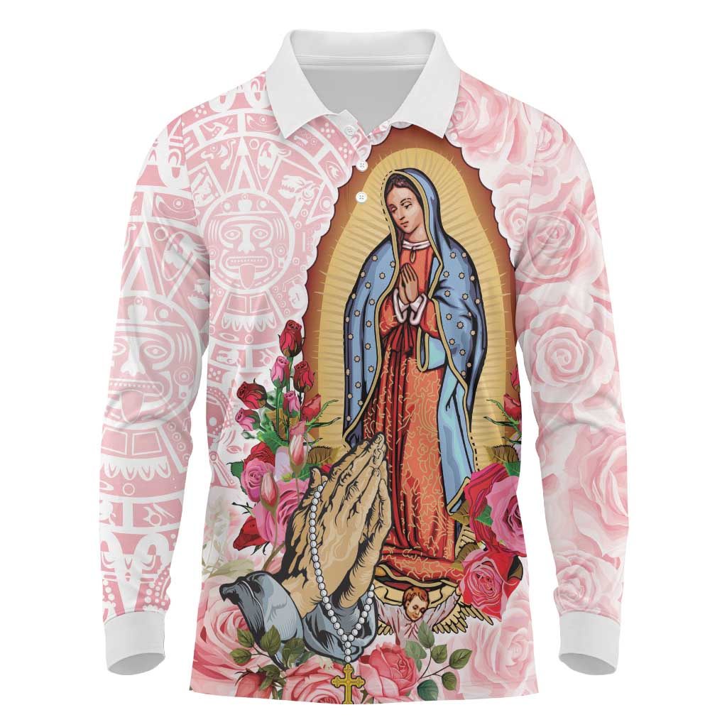 Virgen de Guadalupe Long Sleeve Polo Shirt Rose Flower Mexican Aztec Pattern - Wonder Print Shop