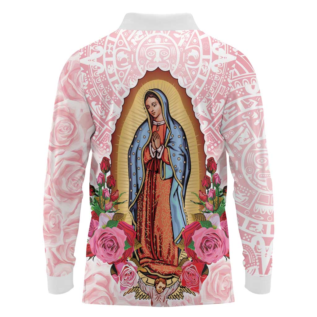 Virgen de Guadalupe Long Sleeve Polo Shirt Rose Flower Mexican Aztec Pattern - Wonder Print Shop
