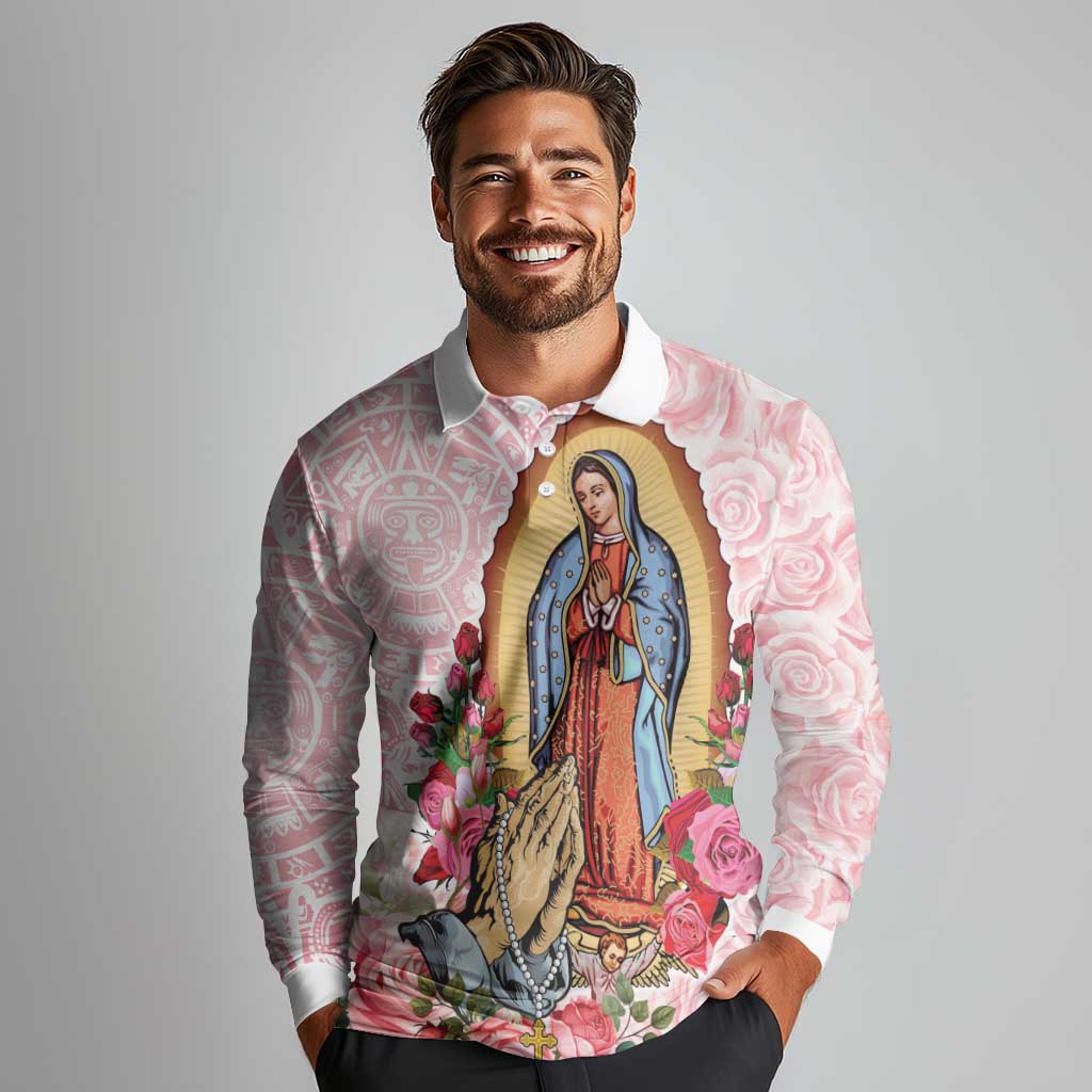 Virgen de Guadalupe Long Sleeve Polo Shirt Rose Flower Mexican Aztec Pattern - Wonder Print Shop