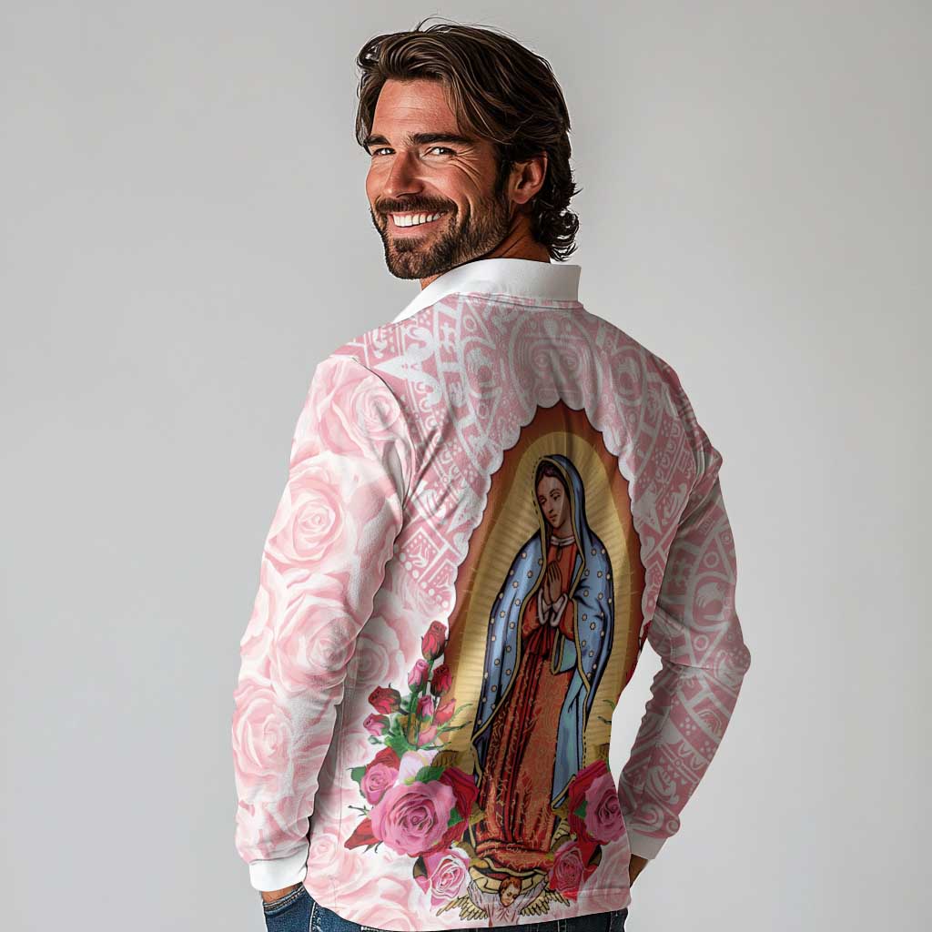 Virgen de Guadalupe Long Sleeve Polo Shirt Rose Flower Mexican Aztec Pattern - Wonder Print Shop