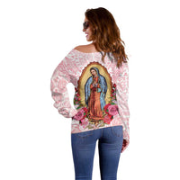 Virgen de Guadalupe Off Shoulder Sweater Rose Flower Mexican Aztec Pattern - Wonder Print Shop