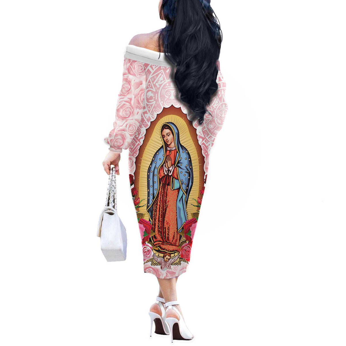 Virgen de Guadalupe Off The Shoulder Long Sleeve Dress Rose Flower Mexican Aztec Pattern - Wonder Print Shop