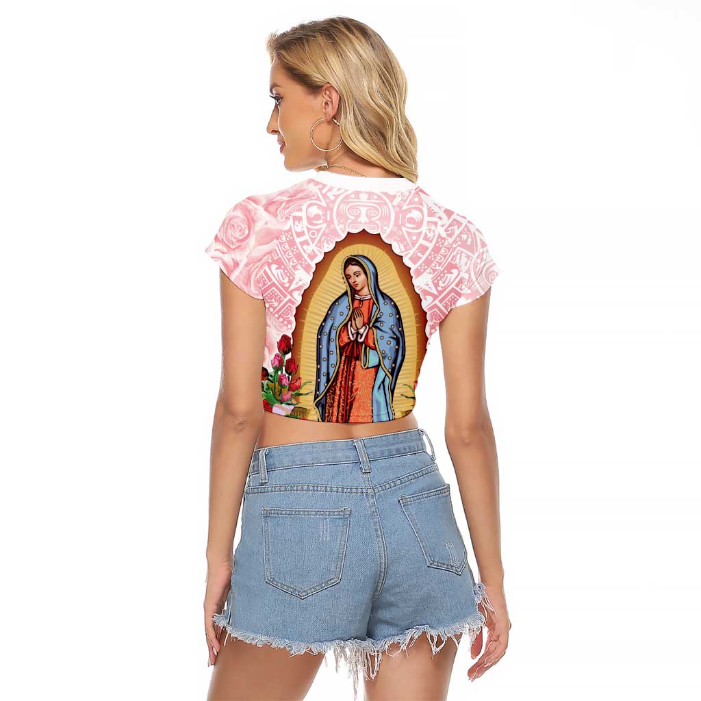 Virgen de Guadalupe Raglan Cropped T Shirt Rose Flower Mexican Aztec Pattern - Wonder Print Shop