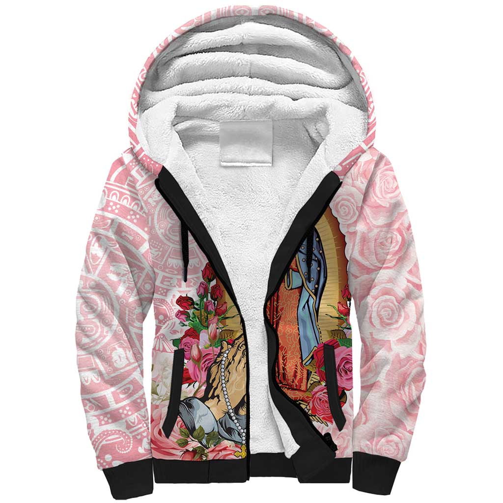 Virgen de Guadalupe Sherpa Hoodie Rose Flower Mexican Aztec Pattern - Wonder Print Shop