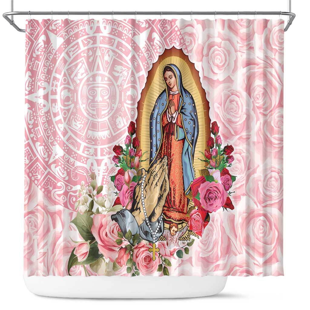 Virgen de Guadalupe Shower Curtain Rose Flower Mexican Aztec Pattern