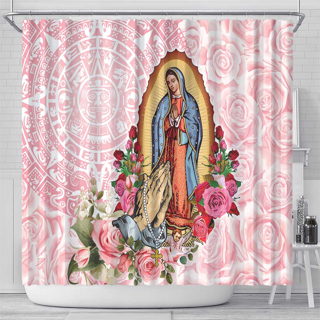 Virgen de Guadalupe Shower Curtain Rose Flower Mexican Aztec Pattern