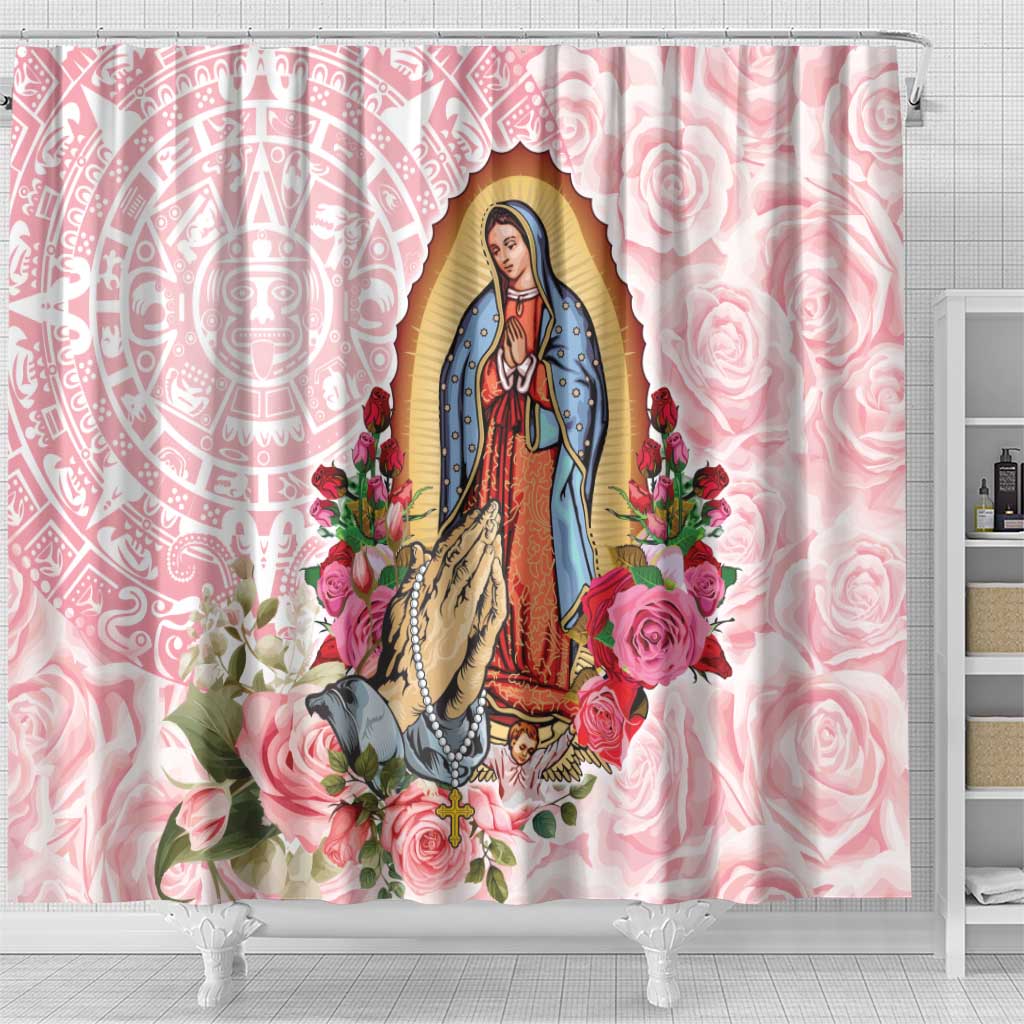 Virgen de Guadalupe Shower Curtain Rose Flower Mexican Aztec Pattern