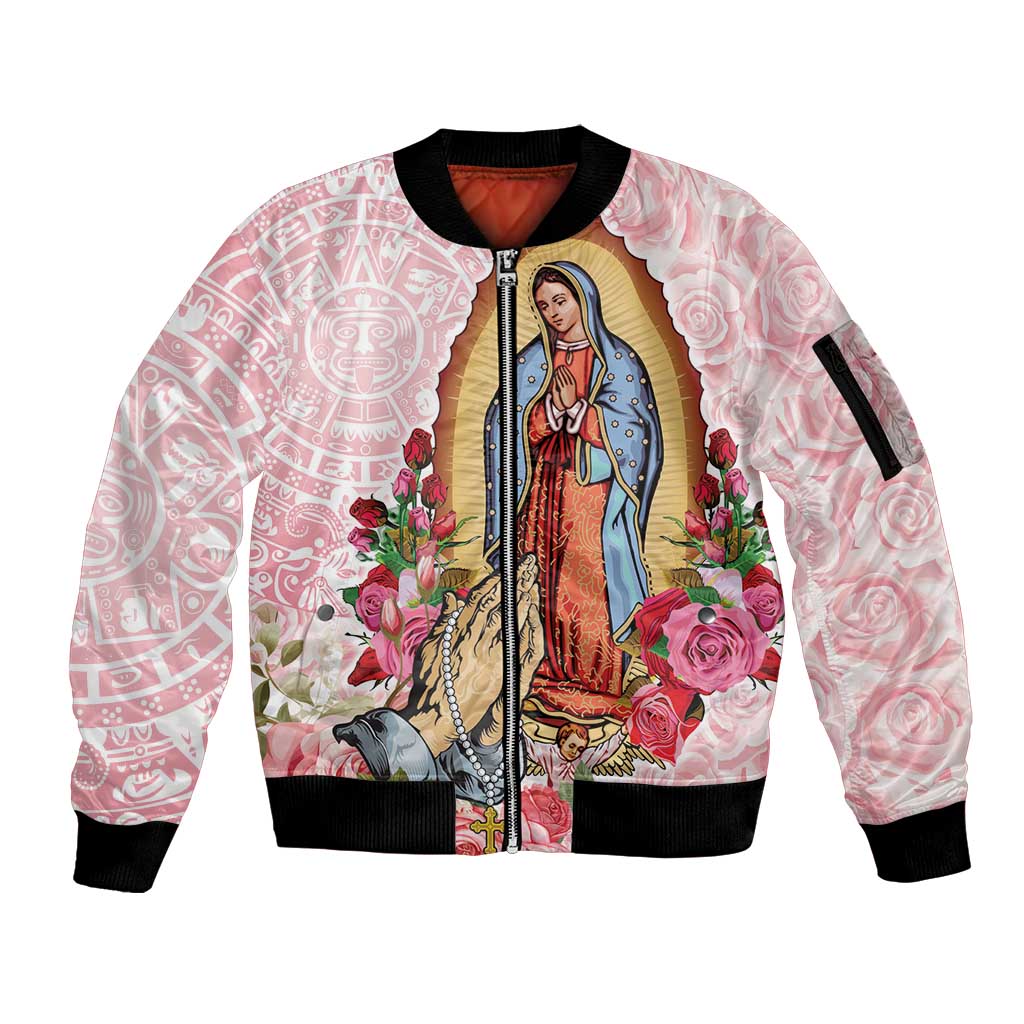Virgen de Guadalupe Sleeve Zip Bomber Jacket Rose Flower Mexican Aztec Pattern - Wonder Print Shop