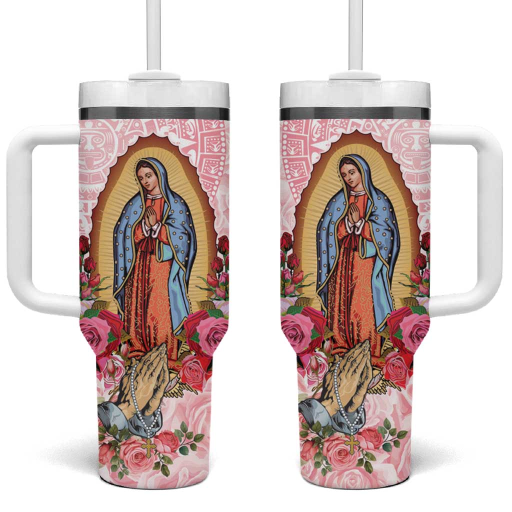 Virgen de Guadalupe Tumbler With Handle Rose Flower Mexican Aztec Pattern - Wonder Print Shop