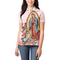 Virgen de Guadalupe Women Polo Shirt Rose Flower Mexican Aztec Pattern - Wonder Print Shop