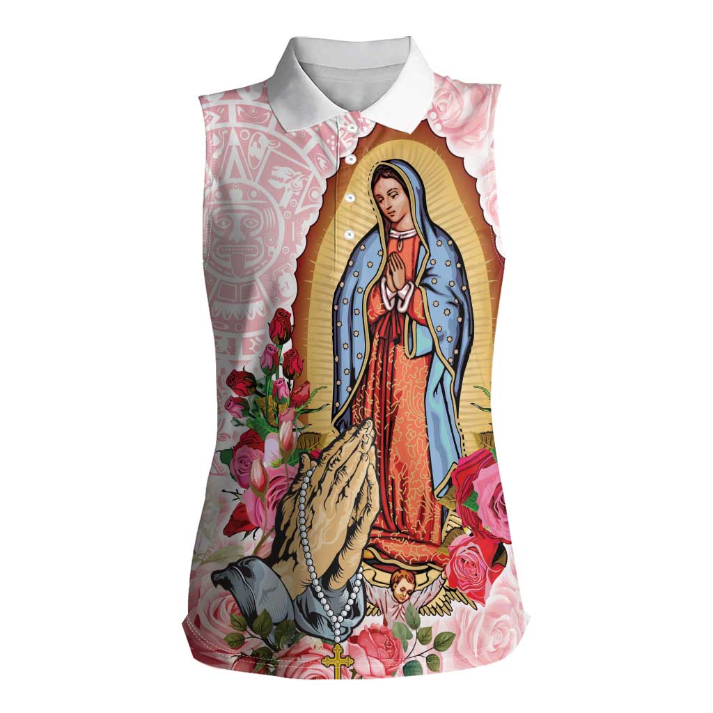 Virgen de Guadalupe Women Sleeveless Polo Shirt Rose Flower Mexican Aztec Pattern - Wonder Print Shop
