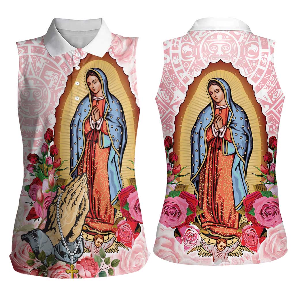 Virgen de Guadalupe Women Sleeveless Polo Shirt Rose Flower Mexican Aztec Pattern - Wonder Print Shop
