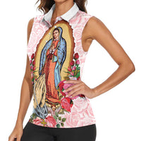 Virgen de Guadalupe Women Sleeveless Polo Shirt Rose Flower Mexican Aztec Pattern - Wonder Print Shop