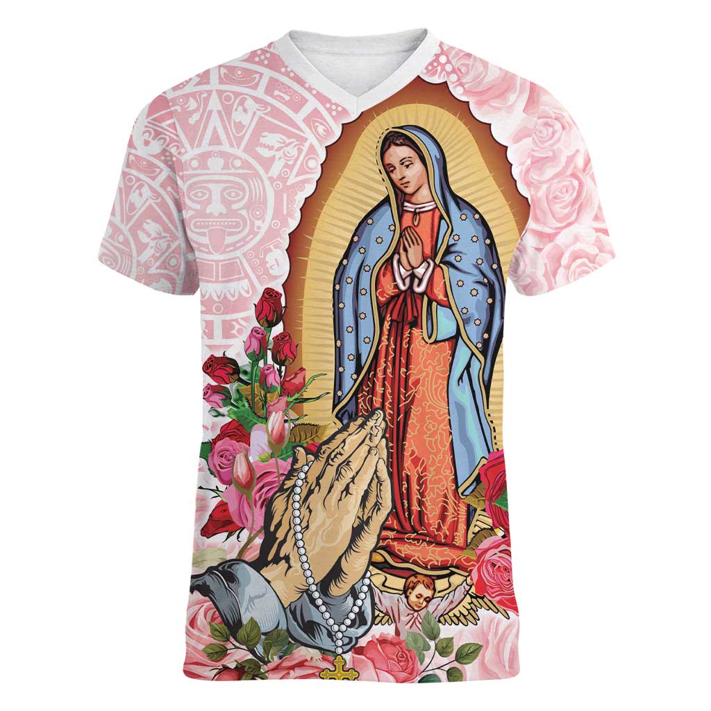 Virgen de Guadalupe Women V-Neck T-Shirt Rose Flower Mexican Aztec Pattern - Wonder Print Shop