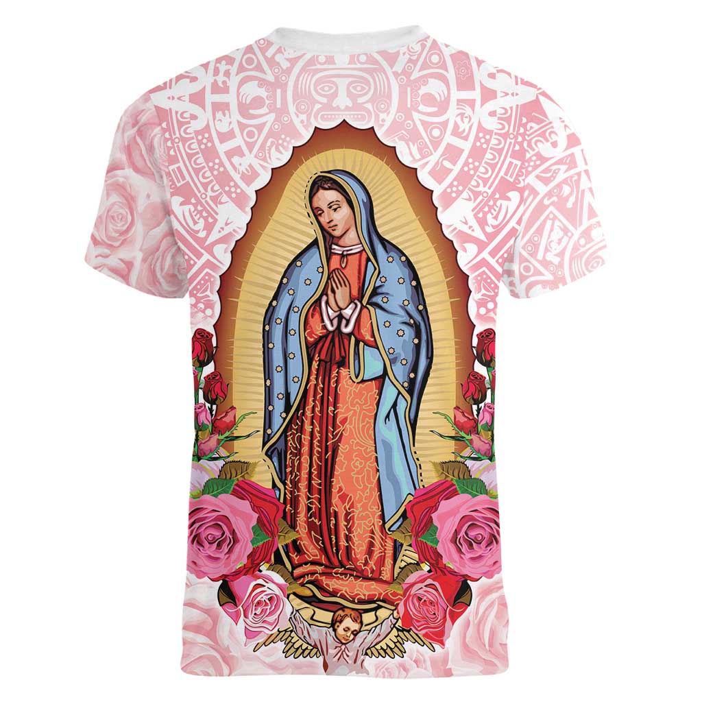 Virgen de Guadalupe Women V-Neck T-Shirt Rose Flower Mexican Aztec Pattern - Wonder Print Shop