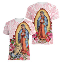 Virgen de Guadalupe Women V-Neck T-Shirt Rose Flower Mexican Aztec Pattern - Wonder Print Shop