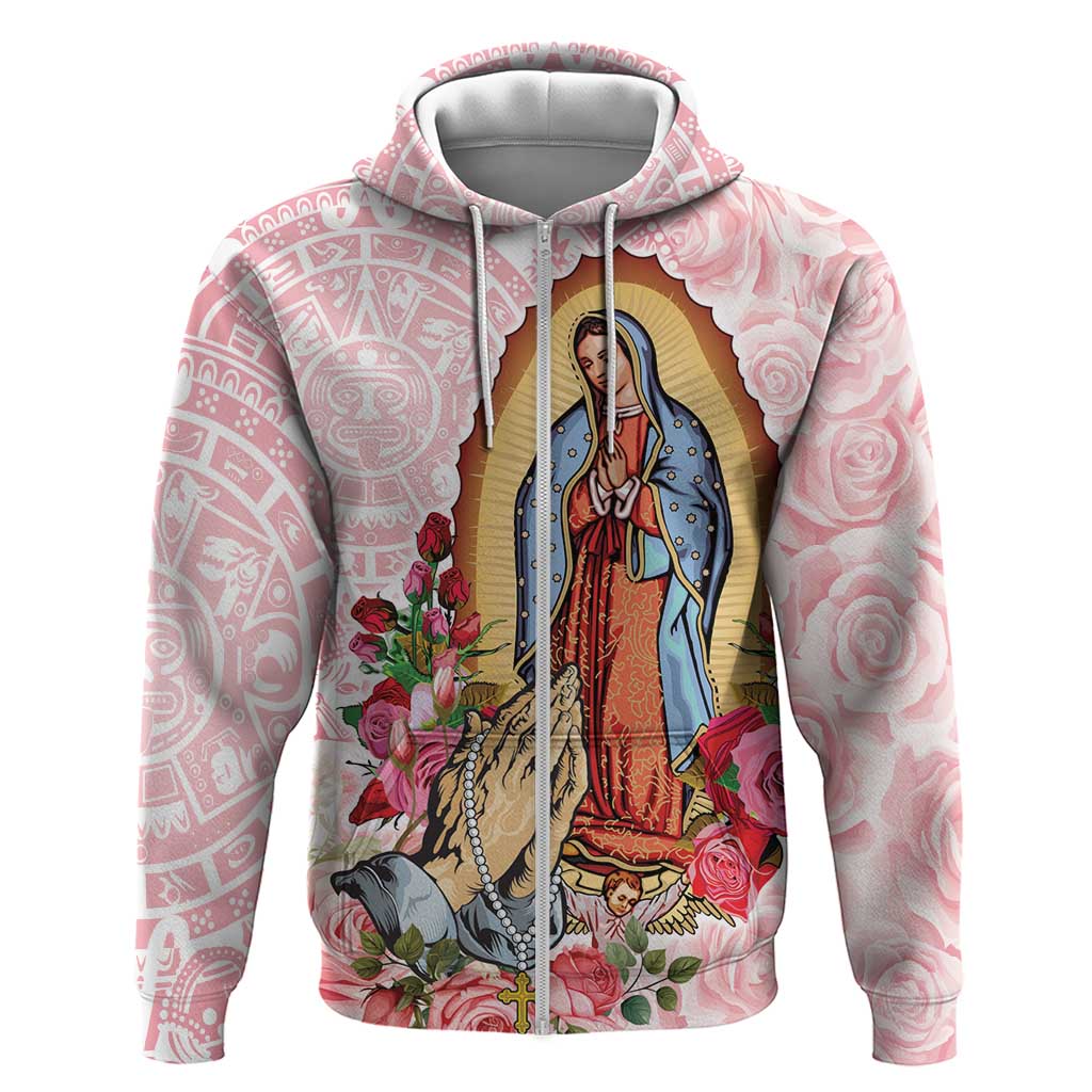 Virgen de Guadalupe Zip Hoodie Rose Flower Mexican Aztec Pattern - Wonder Print Shop