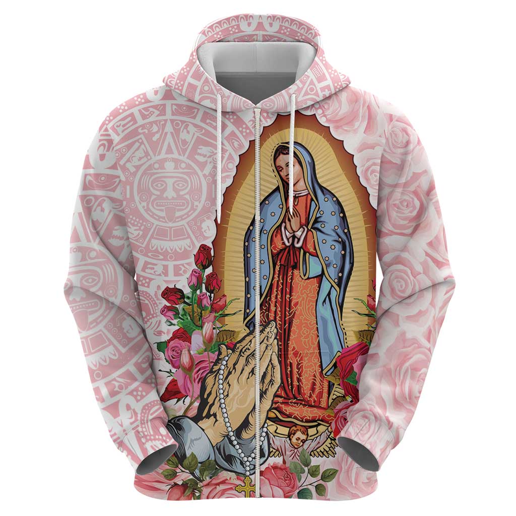 Virgen de Guadalupe Zip Hoodie Rose Flower Mexican Aztec Pattern - Wonder Print Shop