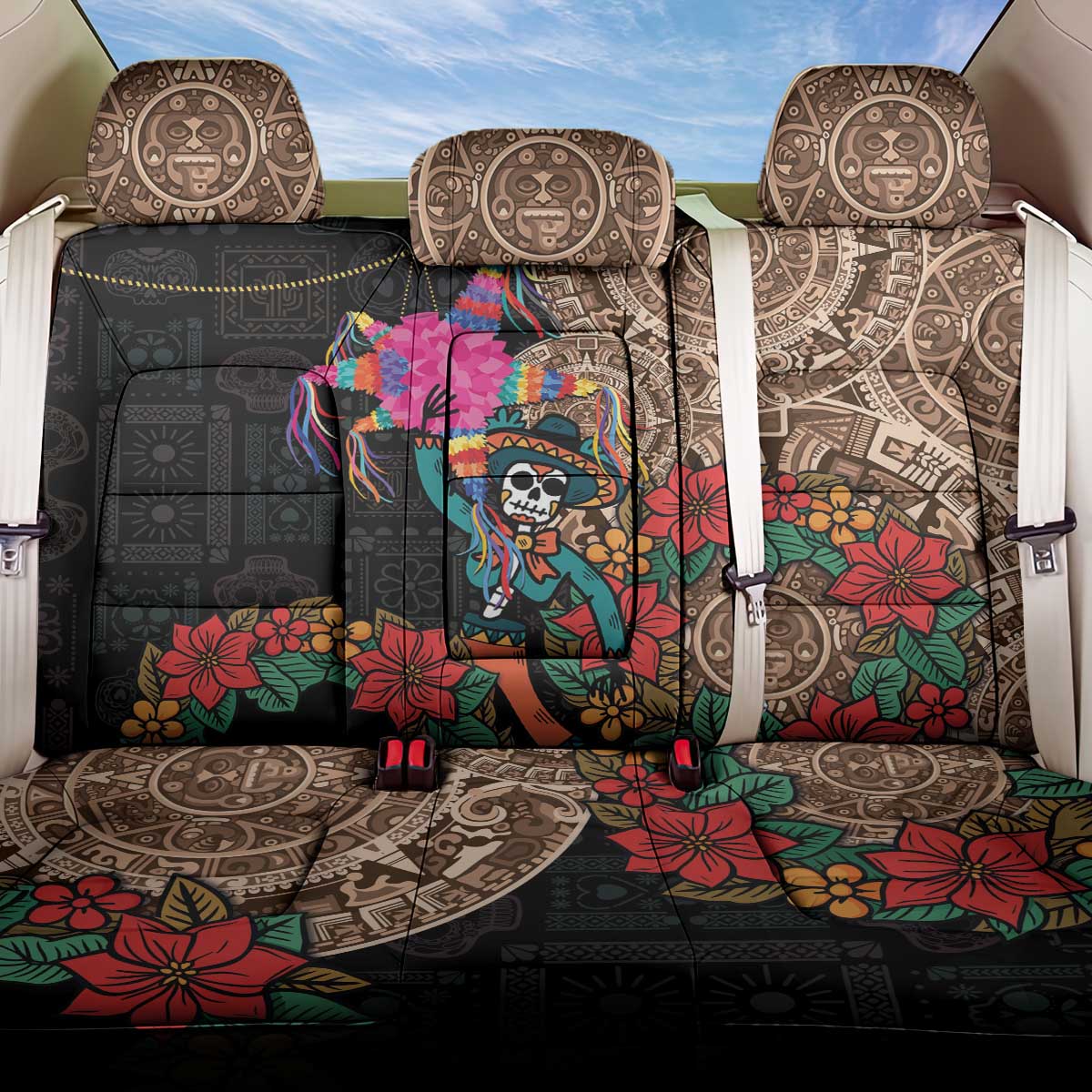 Las Posadas Back Car Seat Cover Pinata With Mexican Aztec Circle - Wonder Print Shop