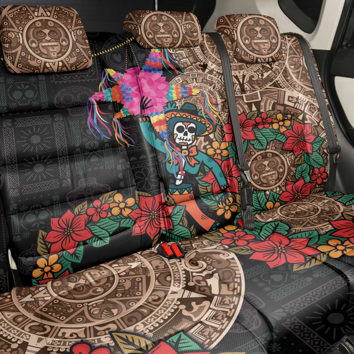 Las Posadas Back Car Seat Cover Pinata With Mexican Aztec Circle - Wonder Print Shop