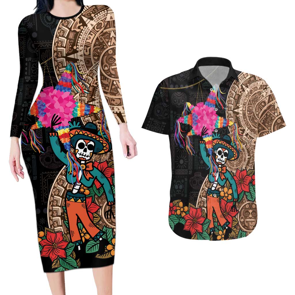 Las Posadas Couples Matching Long Sleeve Bodycon Dress and Hawaiian Shirt Pinata With Mexican Aztec Circle - Wonder Print Shop