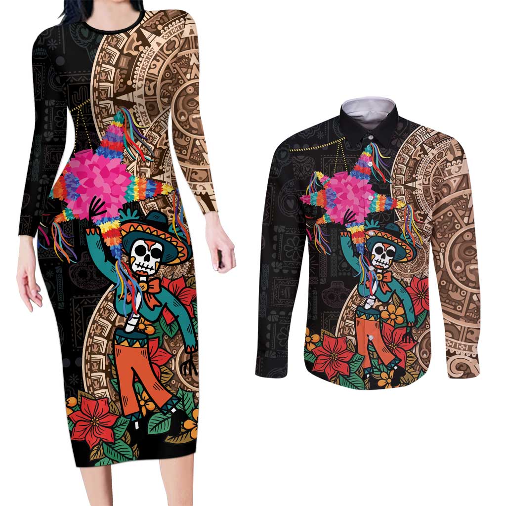 Las Posadas Couples Matching Long Sleeve Bodycon Dress and Long Sleeve Button Shirt Pinata With Mexican Aztec Circle - Wonder Print Shop