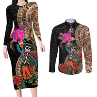 Las Posadas Couples Matching Long Sleeve Bodycon Dress and Long Sleeve Button Shirt Pinata With Mexican Aztec Circle - Wonder Print Shop