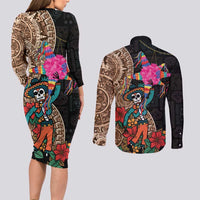Las Posadas Couples Matching Long Sleeve Bodycon Dress and Long Sleeve Button Shirt Pinata With Mexican Aztec Circle - Wonder Print Shop