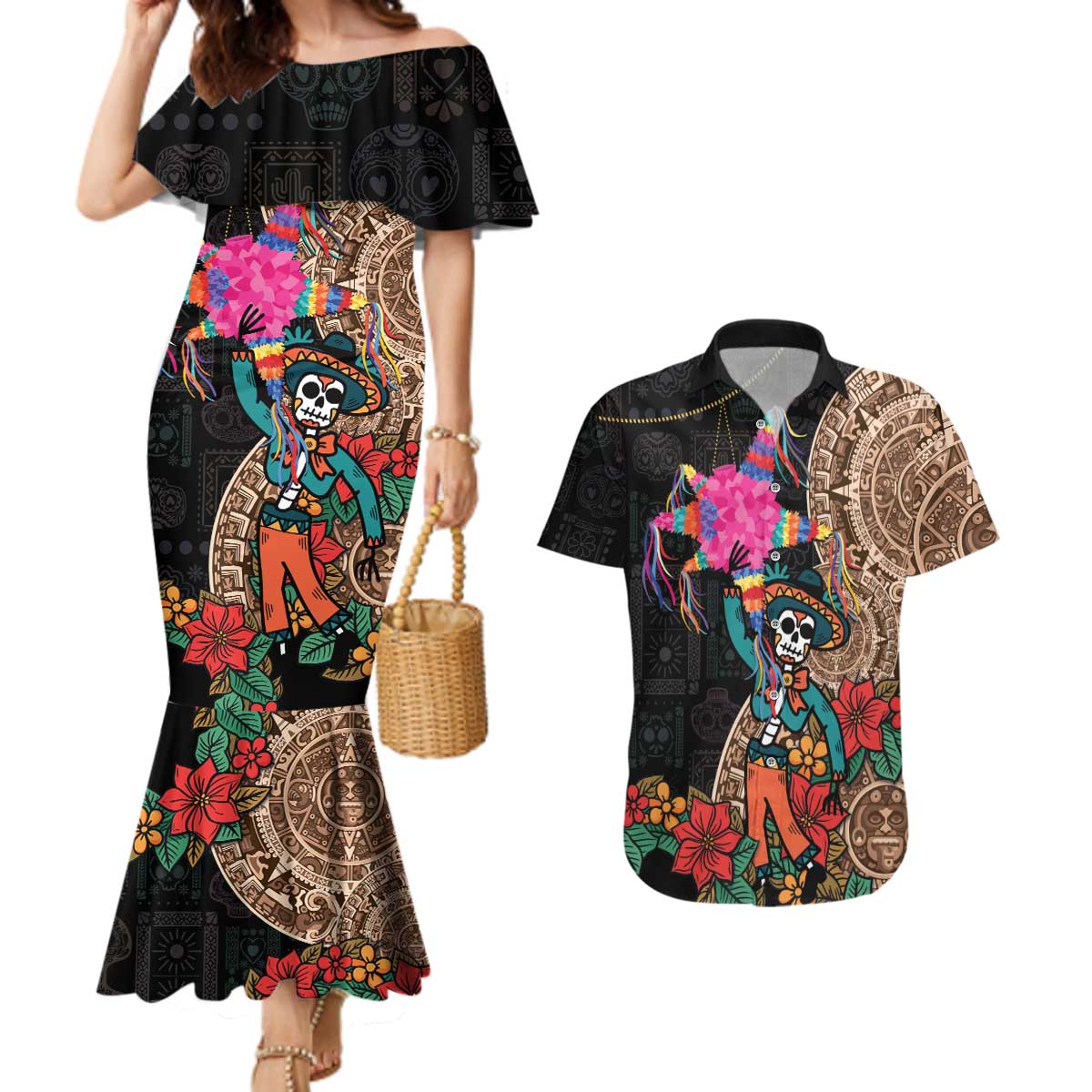 Las Posadas Couples Matching Mermaid Dress and Hawaiian Shirt Pinata With Mexican Aztec Circle - Wonder Print Shop