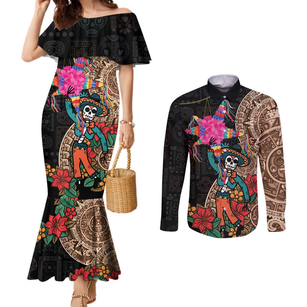 Las Posadas Couples Matching Mermaid Dress and Long Sleeve Button Shirt Pinata With Mexican Aztec Circle