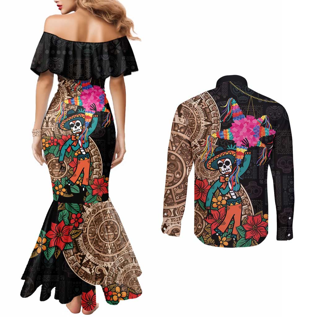 Las Posadas Couples Matching Mermaid Dress and Long Sleeve Button Shirt Pinata With Mexican Aztec Circle