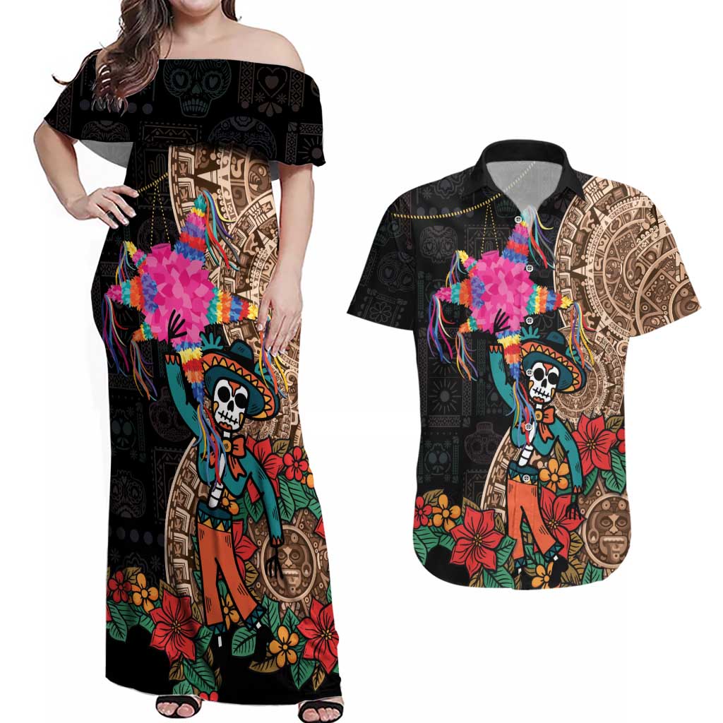 Las Posadas Couples Matching Off Shoulder Maxi Dress and Hawaiian Shirt Pinata With Mexican Aztec Circle - Wonder Print Shop