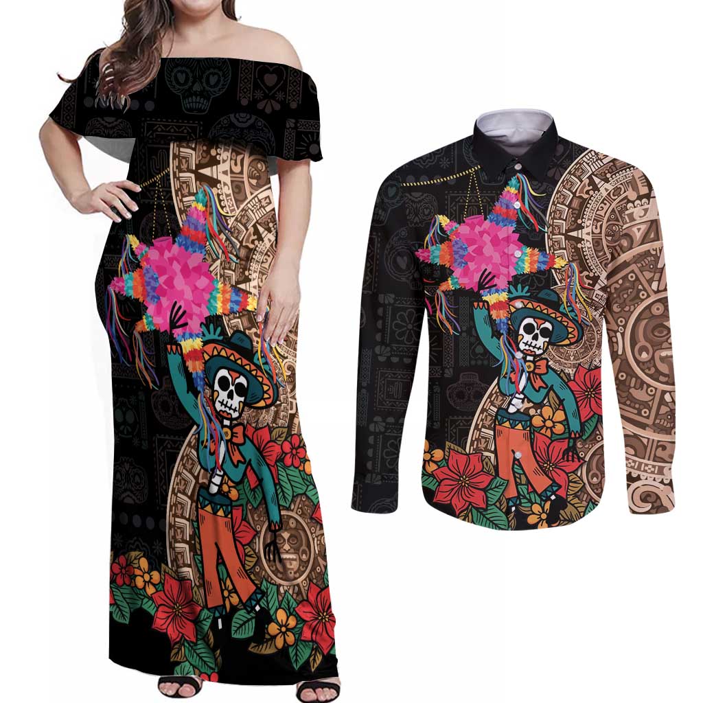 Las Posadas Couples Matching Off Shoulder Maxi Dress and Long Sleeve Button Shirt Pinata With Mexican Aztec Circle - Wonder Print Shop