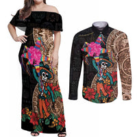 Las Posadas Couples Matching Off Shoulder Maxi Dress and Long Sleeve Button Shirt Pinata With Mexican Aztec Circle - Wonder Print Shop