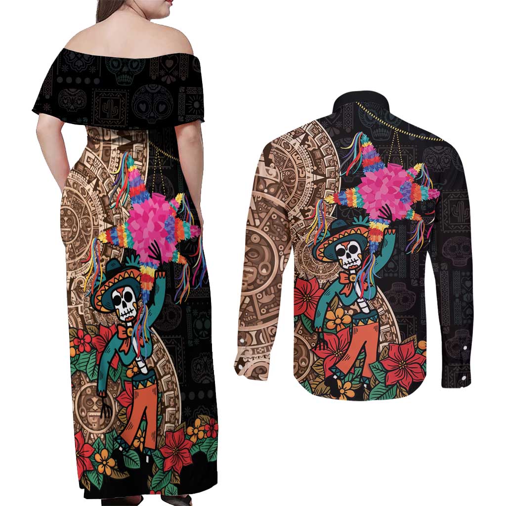 Las Posadas Couples Matching Off Shoulder Maxi Dress and Long Sleeve Button Shirt Pinata With Mexican Aztec Circle - Wonder Print Shop