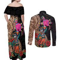 Las Posadas Couples Matching Off Shoulder Maxi Dress and Long Sleeve Button Shirt Pinata With Mexican Aztec Circle - Wonder Print Shop